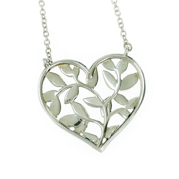 TIFFANY Co Silver Olive Green Leaf Heart Necklace - Picture 5 of 7